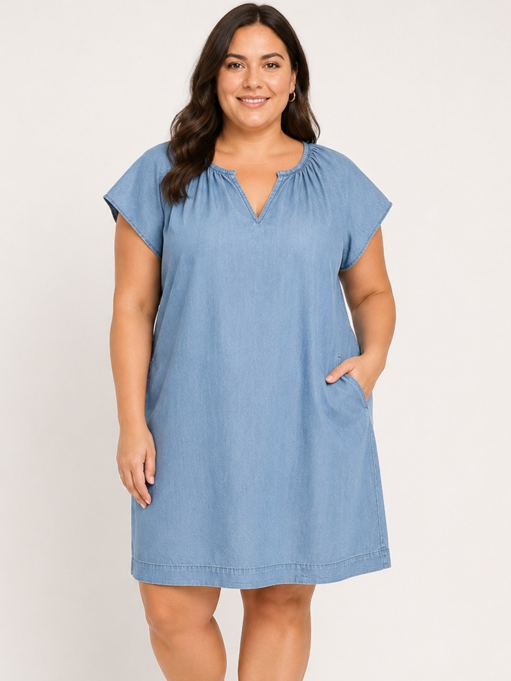 Studio West light blue chambray shift dress featuring a gathered split-neck 2x